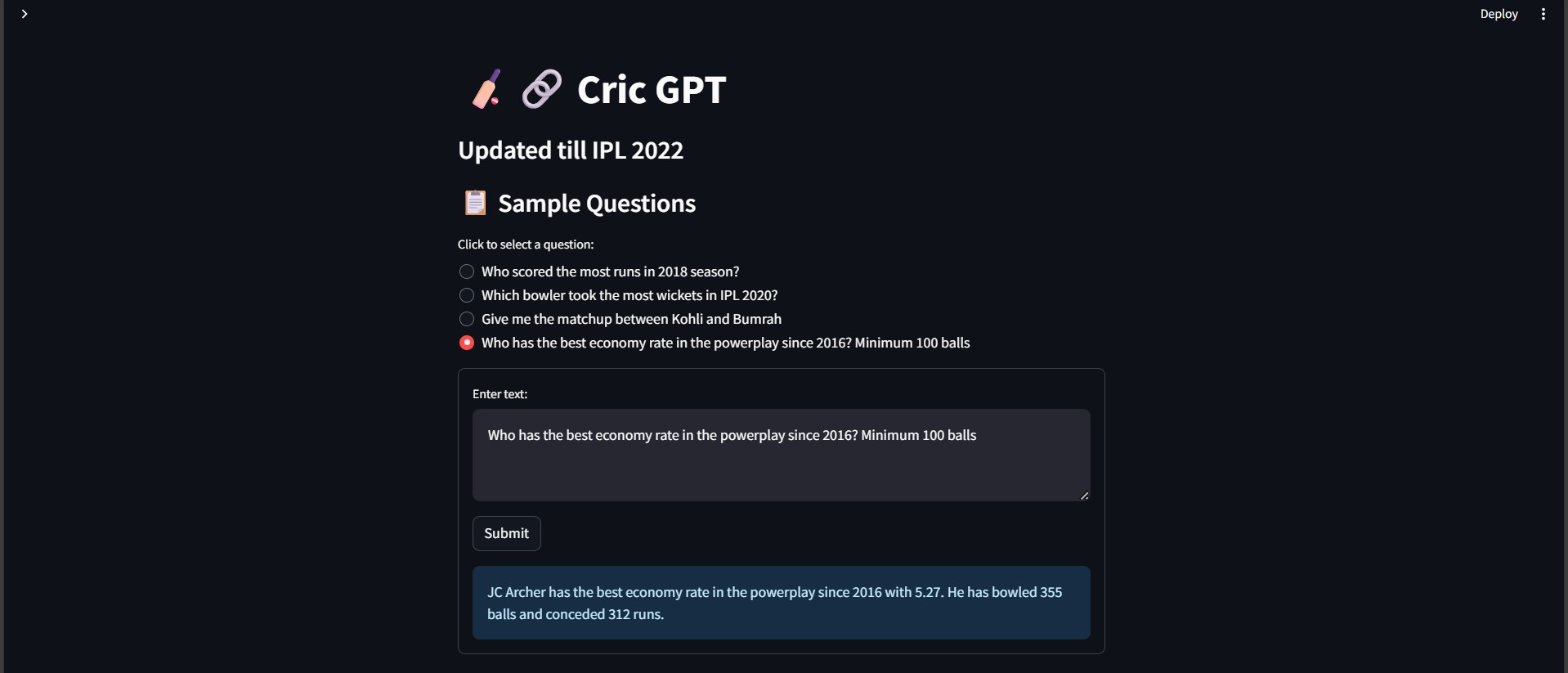 IPL Statistics Chatbot project screenshot
